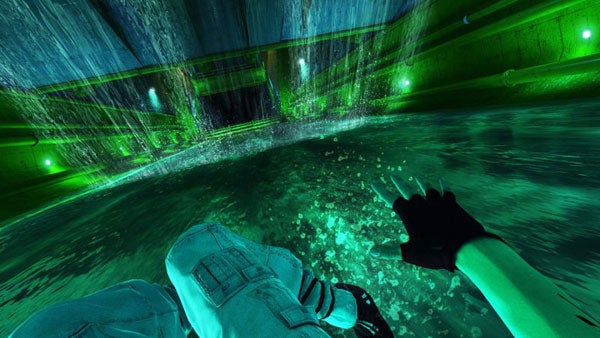 First-person view from Mirror's Edge game showing sewer environment.