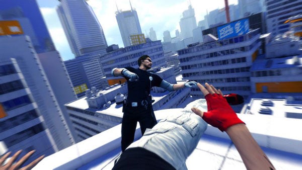 First-person view from Mirror's Edge game showing a leap towards an officer.