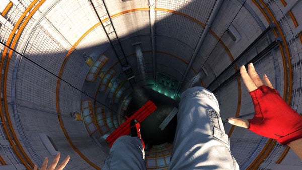 First-person view from Mirror's Edge game, looking down circular shaft.