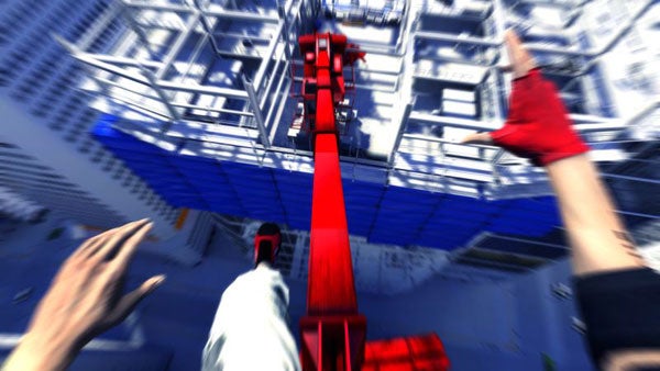 First-person view of Mirror's Edge gameplay on building ledge.