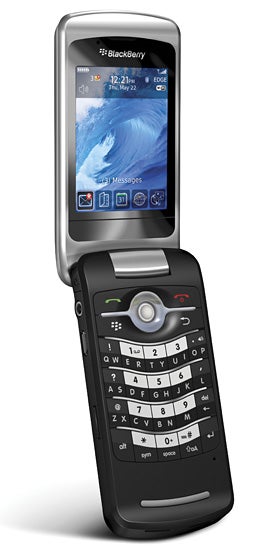 RIM BlackBerry Pearl 8220 smartphone with keyboard exposed.