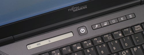 Close-up of Fujitsu-Siemens Esprimo Mobile U9210 laptop keyboard and power button.