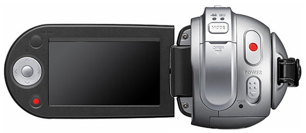 Samsung VP-MX20 camcorder with flip-out LCD screen.