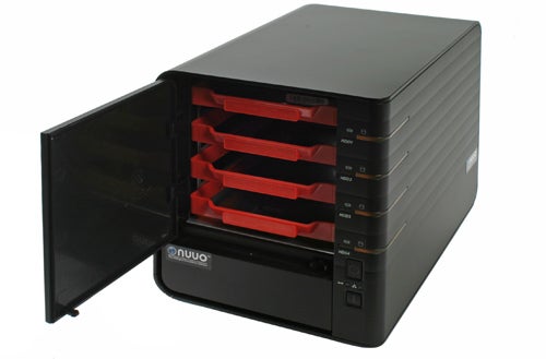 NUUO NVRmini NV-4080 surveillance system with open hard drive bays.