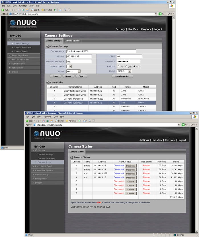 Screenshot of NUUO NVRmini surveillance system interface.Screenshot of NUUO NVRmini NV-4080 recording settings interfaceScreenshot of NUUO NVRmini NV-4080 interface showing camera settings and status.Screenshot of NUUO NVRmini interface with multiple camera feeds.Screenshot of NUUO NVRmini interface showing protocol and RAID management settings.