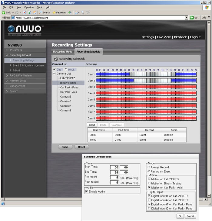 Screenshot of NUUO NVRmini surveillance system interface.Screenshot of NUUO NVRmini NV-4080 recording settings interfaceScreenshot of NUUO NVRmini interface showing protocol and RAID management settings.