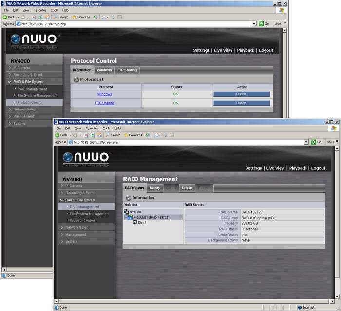 Screenshot of NUUO NVRmini interface showing protocol and RAID management settings.