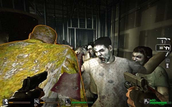 Screenshot of Left4Dead gameplay with characters fighting zombies.