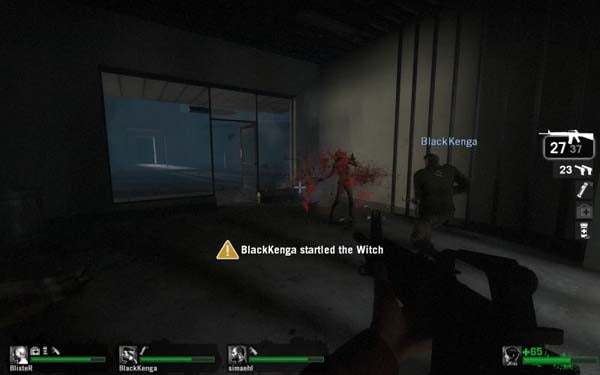 Screenshot from Left4Dead game showing a startled Witch enemy.