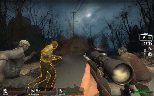 First-person view of gameplay in Left4Dead with teammates and zombies.