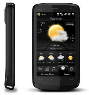 HTC Touch HD smartphone displaying weather application.