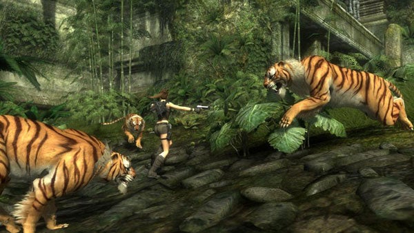 Screenshot from Tomb Raider: Underworld with character and tigers.