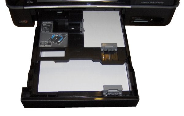 Open Epson Stylus Photo PX800FW printer showing paper tray