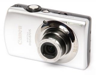 Canon IXUS 870 IS digital camera on white background.