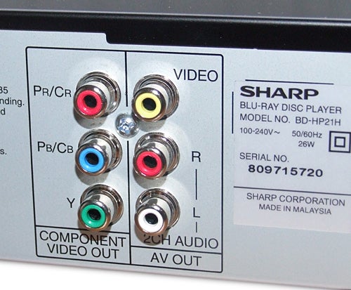 Close-up of Sharp BD-HP21H Blu-ray player's rear connectors.