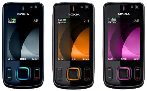 Nokia 6600 Slide phones in three color options.