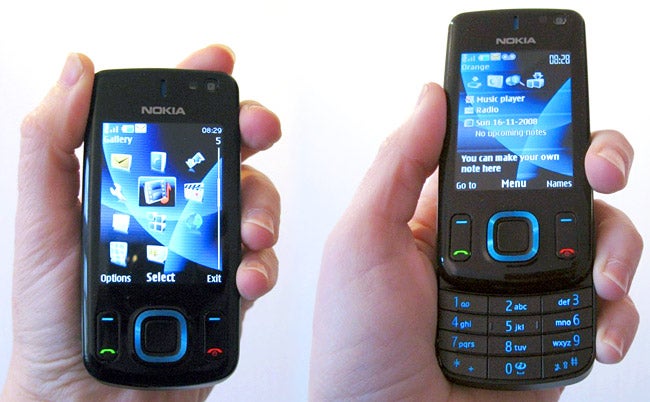 Hands holding Nokia 6600 Slide phones showing front screens.