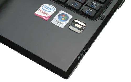 Close-up of Samsung X360 notebook keyboard and stickers
