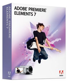 Adobe Premiere Elements 7 software box with jumping guitarist graphic.