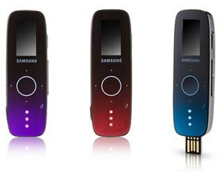 Three Samsung YP-U4 MP3 players in different colors.