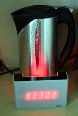 DIY Kyoto Wattson displaying electricity cost with kettle.