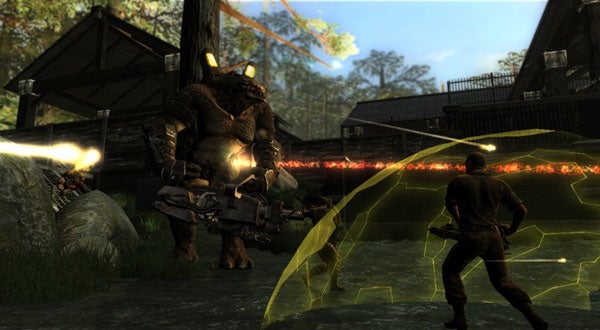 Screenshot from Resistance 2 showing combat with alien creature.
