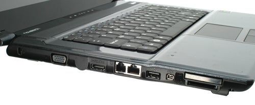 Side view of Novatech X50MV Pro Gaming Notebook's ports and keyboard