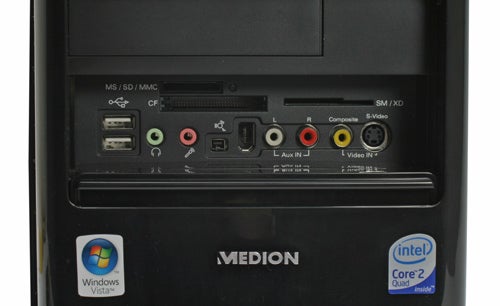 Front panel of Medion Akoya P36888 PC with ports and logos.