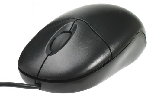 Black wired computer mouse on a white background.
