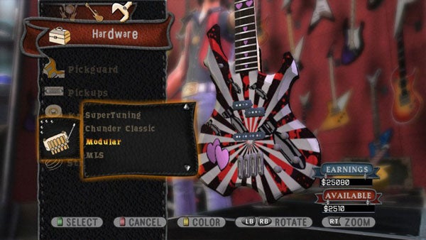 Guitar Hero interface with customizable guitar options.