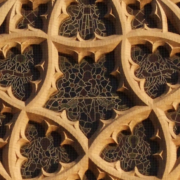 Close-up photo of intricate stone lattice work.
