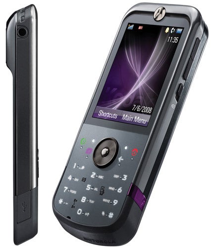Motorola MOTOZINE ZN5 phone with camera feature displayed.