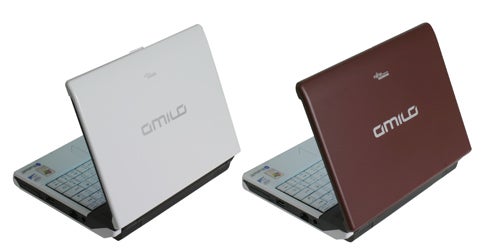 Two Fujitsu-Siemens Amilo Mini Ui 3520 laptops in white and brown.