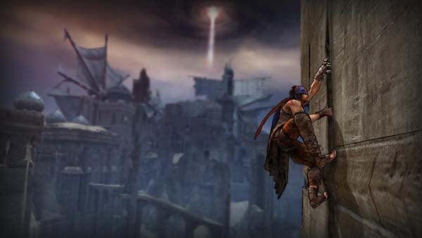 Prince of Persia character climbing a wall with cityscape background.