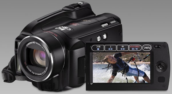 Canon HG21 camcorder with flip-out LCD screen displaying video.