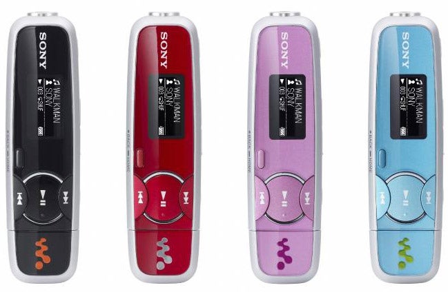 Four Sony Walkman NWZ-B133 models in different colors.