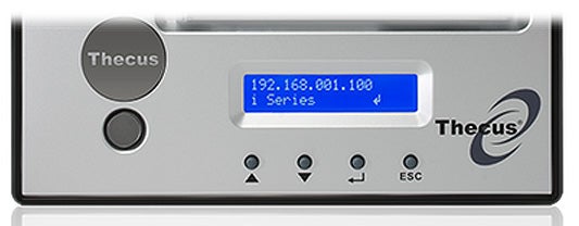 Thecus i5500 IP SAN Appliance display panel showing IP address.