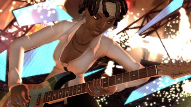 Animated character playing guitar in Rock Band 2 video game