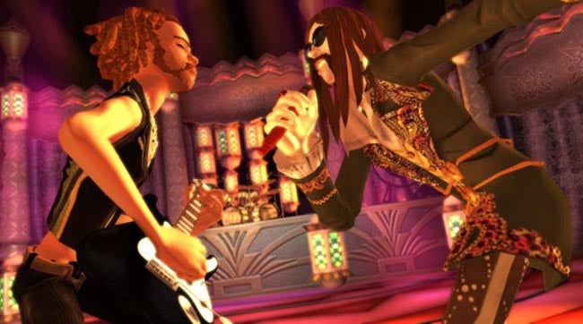 Animated band characters playing in Rock Band 2 video game.