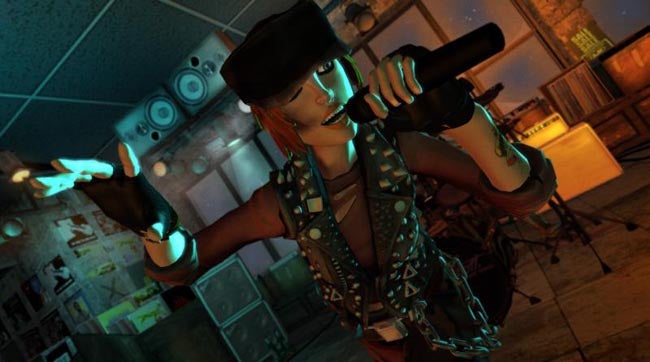Animated character singing in Rock Band 2 video game.