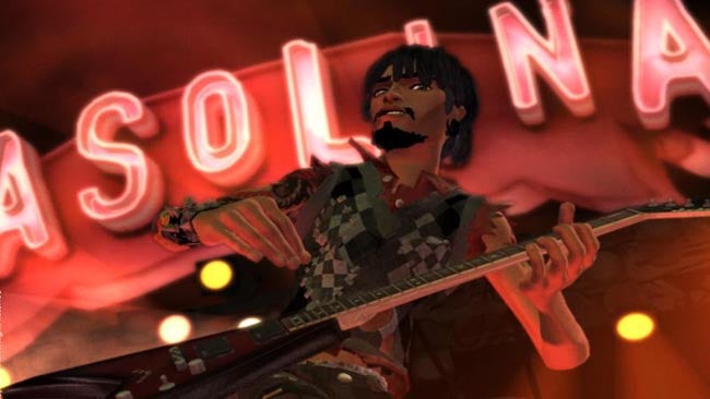 Animated character playing guitar in Rock Band 2 game