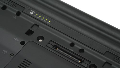Close-up of Samsung X460 Notebook's battery compartment and ports