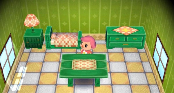 Screenshot of Animal Crossing interior with character and furniture.
