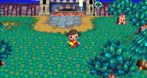 Character in Animal Crossing game standing in a village.