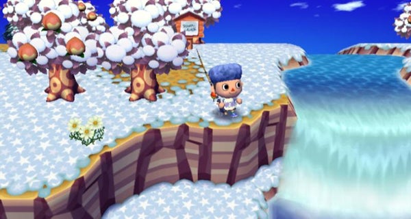Character from Animal Crossing game in winter scene by waterfall.