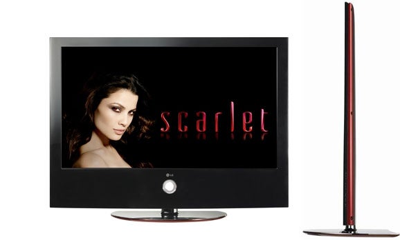 LG 42LG6100 LCD TV displaying "Scarlet" on-screen, side profile shown.