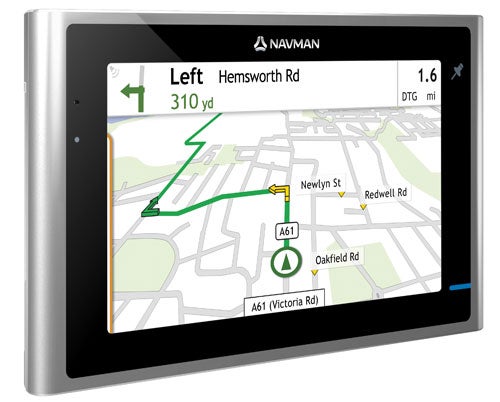 Navman S100 GPS device displaying route on screen.