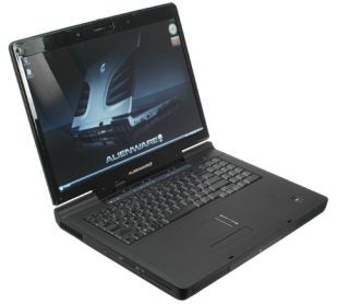 Alienware M17 gaming laptop with screen displaying logo.
