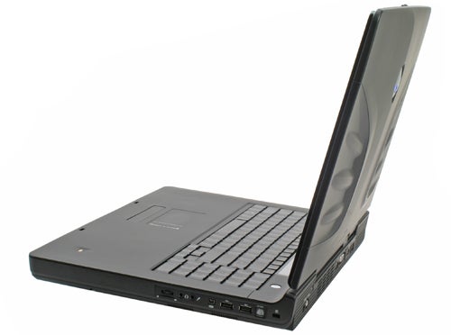 Alienware M17 gaming laptop with screen open from side view.