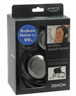Denon AH-NC732 headphones packaging highlighting noise reduction feature.